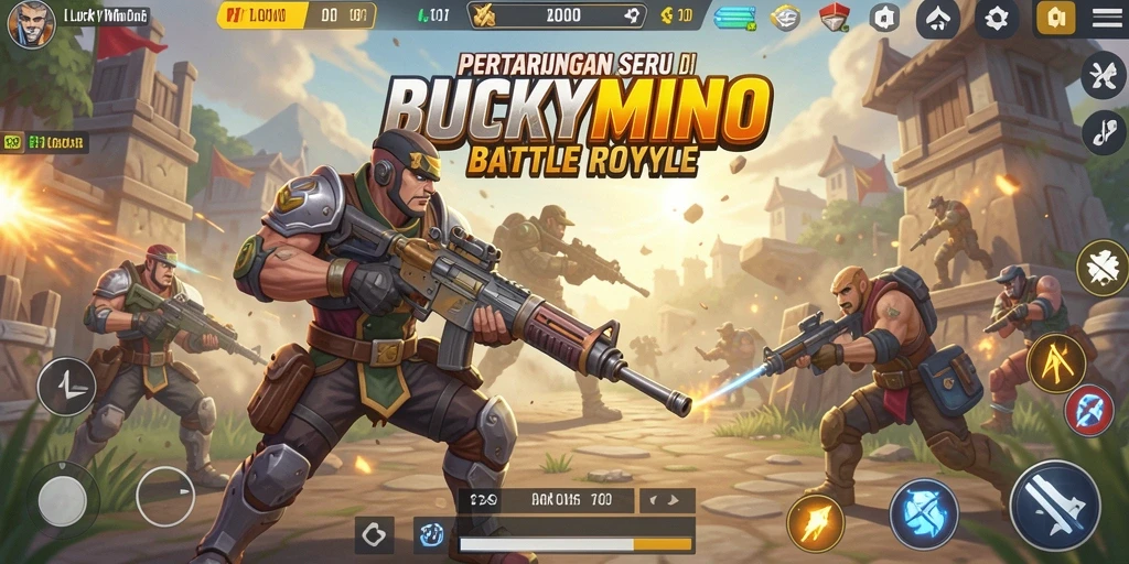 Screenshot LUCKYMINO menampilkan aksi intens dalam pertarungan Battle Royale.