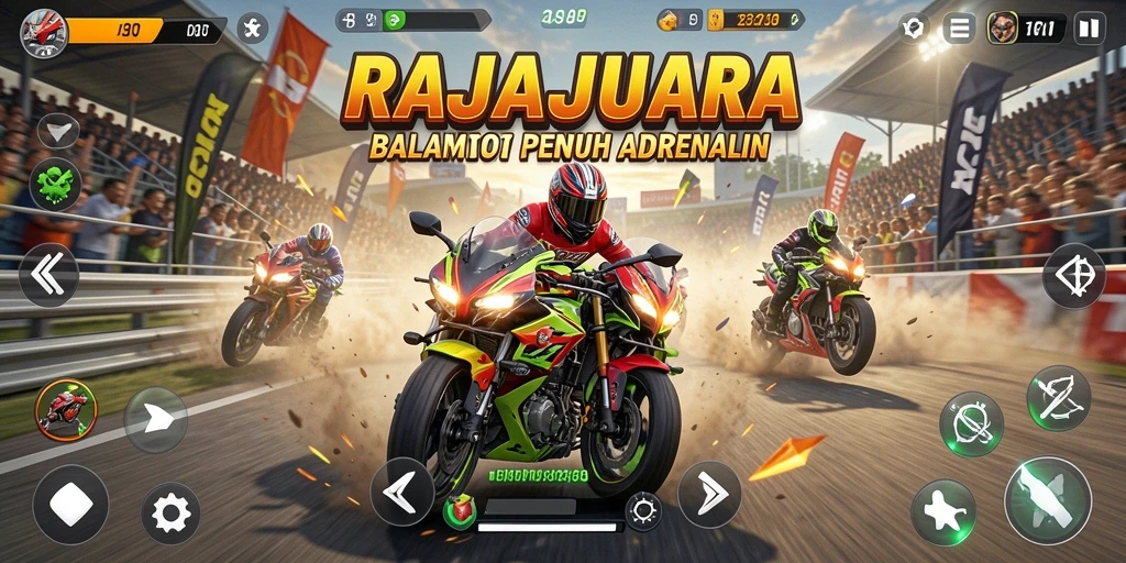Screenshot gameplay RAJAJUARA menampilkan balapan motor yang mendebarkan.